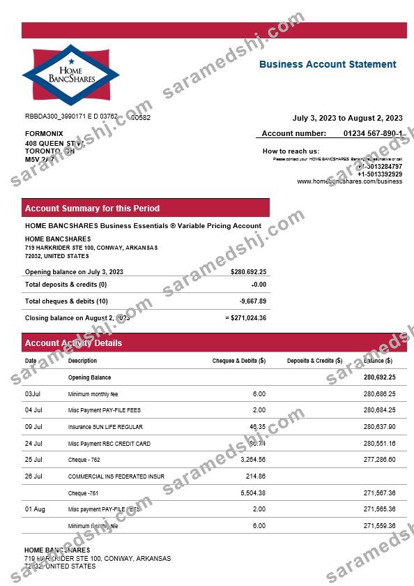 Home Bancshares Bank firm account statement Word and PDF template